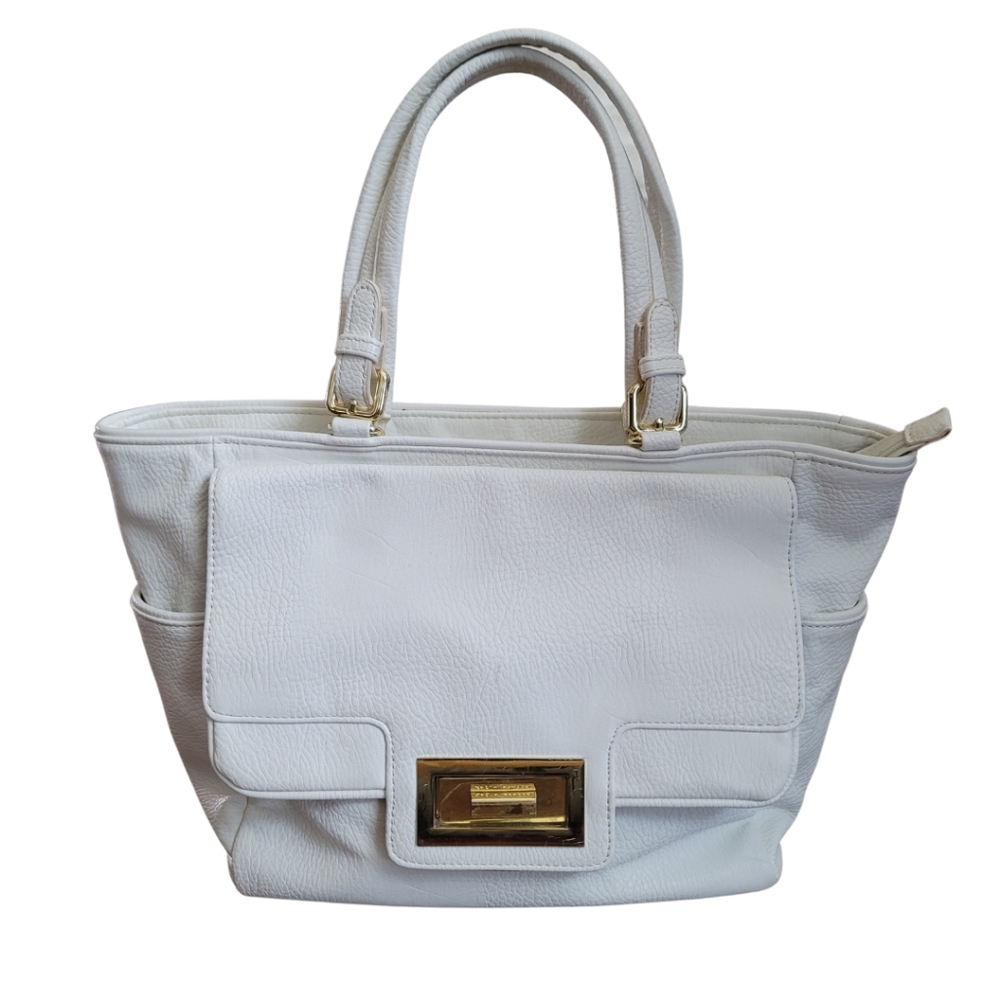 Olivia + Joy Leather Vintage Flap Front Tab Closure Bag in White
